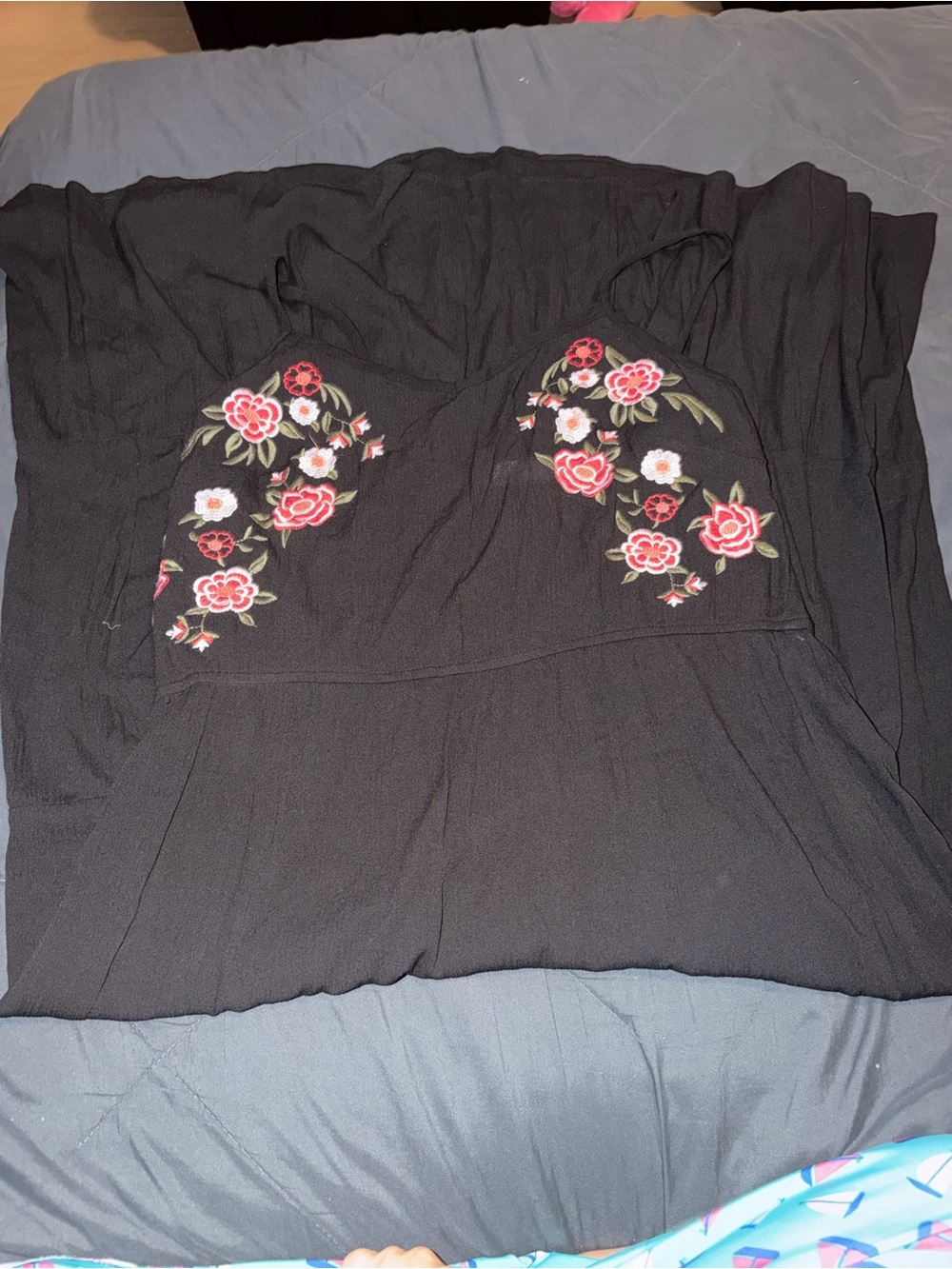 Black Strapless Romper with Pink Floral Embroidery